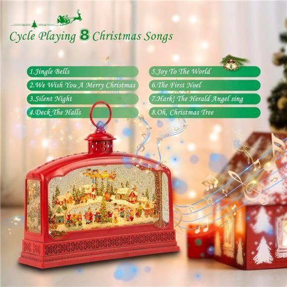 Snow Globe Lantern with Swirling Glitter Snow Village Lighted Musical